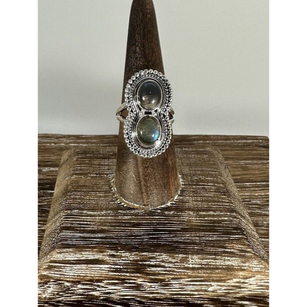 Handmade Two Stone 925 Sterling Silver Labradorite Cabochon Boho Ring Sz 6.75